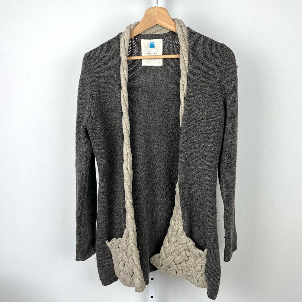 Gray Open-Front Sweater with Braided Trim